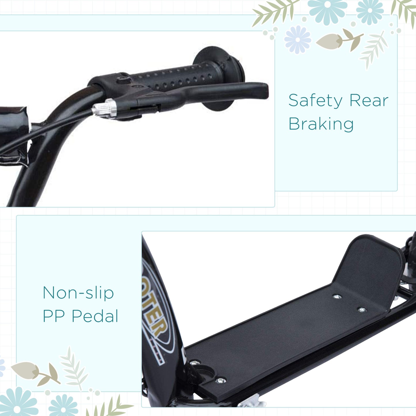 Kick Scooter for Kids 5-12 Years Old with Adjustable Height Handlebar, Non-slip Footplate, Big Wheels, Rear Brake, Black