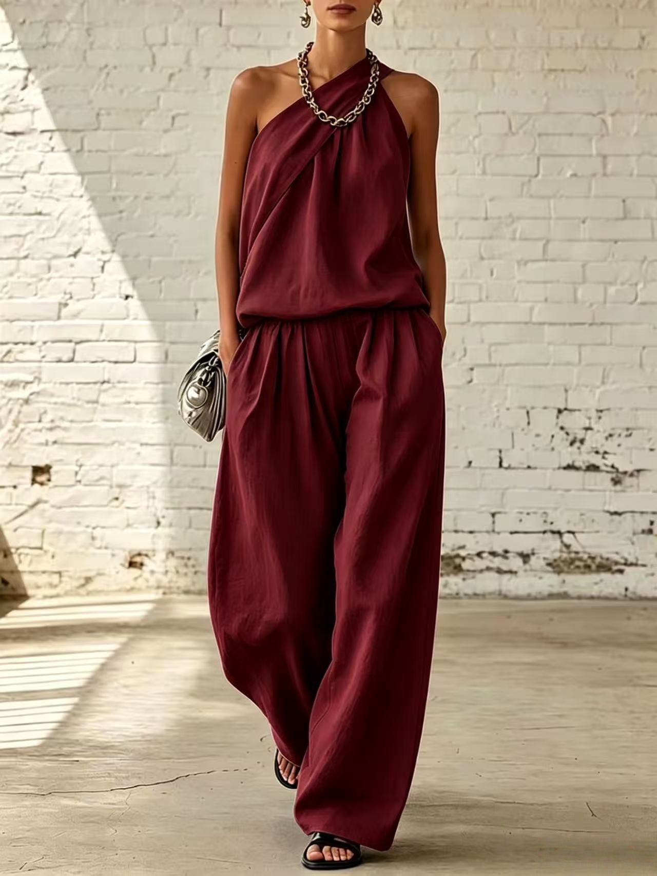 Women's Cotton Linen 2-Piece Set - Sleeveless Double-Layer Top & Wide-Leg Pants
