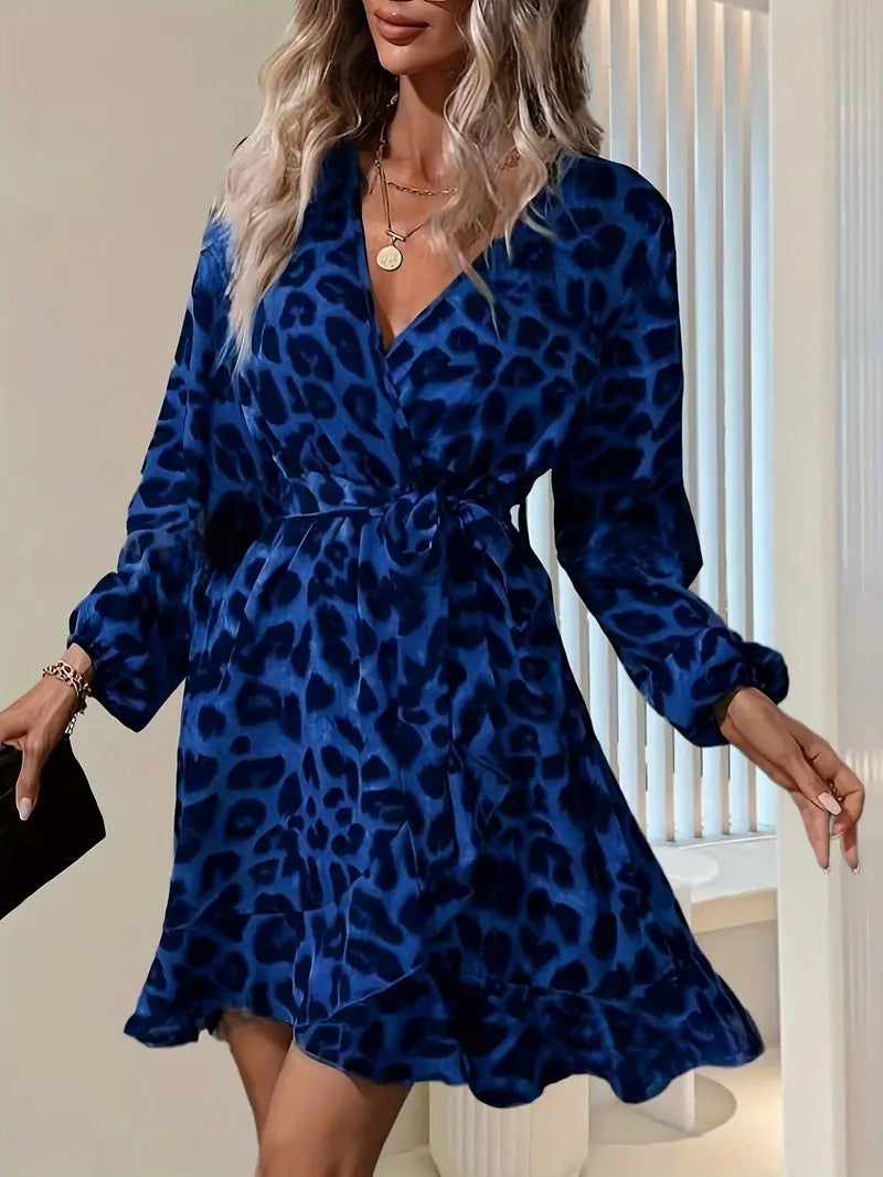 European And American Leopard Print V-neck High Waist Lace-up Irregular Ladies Dress