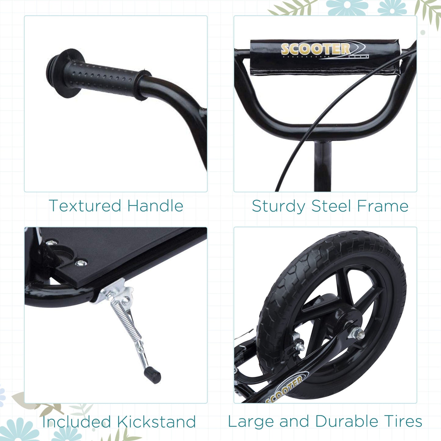 Kick Scooter for Kids 5-12 Years Old with Adjustable Height Handlebar, Non-slip Footplate, Big Wheels, Rear Brake, Black
