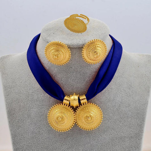 Ethiopian Ladies Gold Plated Necklace Earrings Ring Jewelry Set