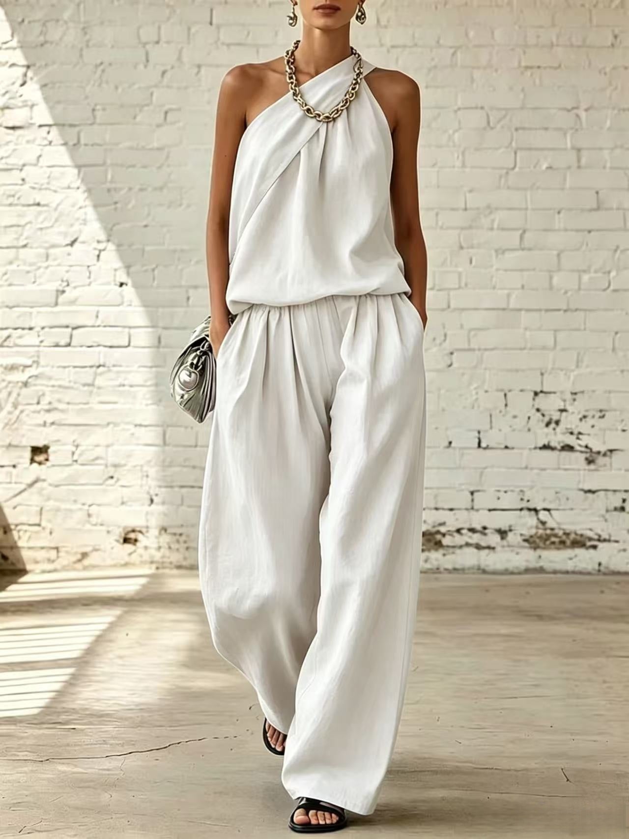 Women's Cotton Linen 2-Piece Set - Sleeveless Double-Layer Top & Wide-Leg Pants