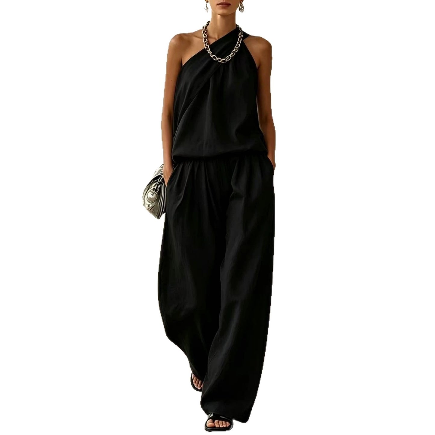 Women's Cotton Linen 2-Piece Set - Sleeveless Double-Layer Top & Wide-Leg Pants