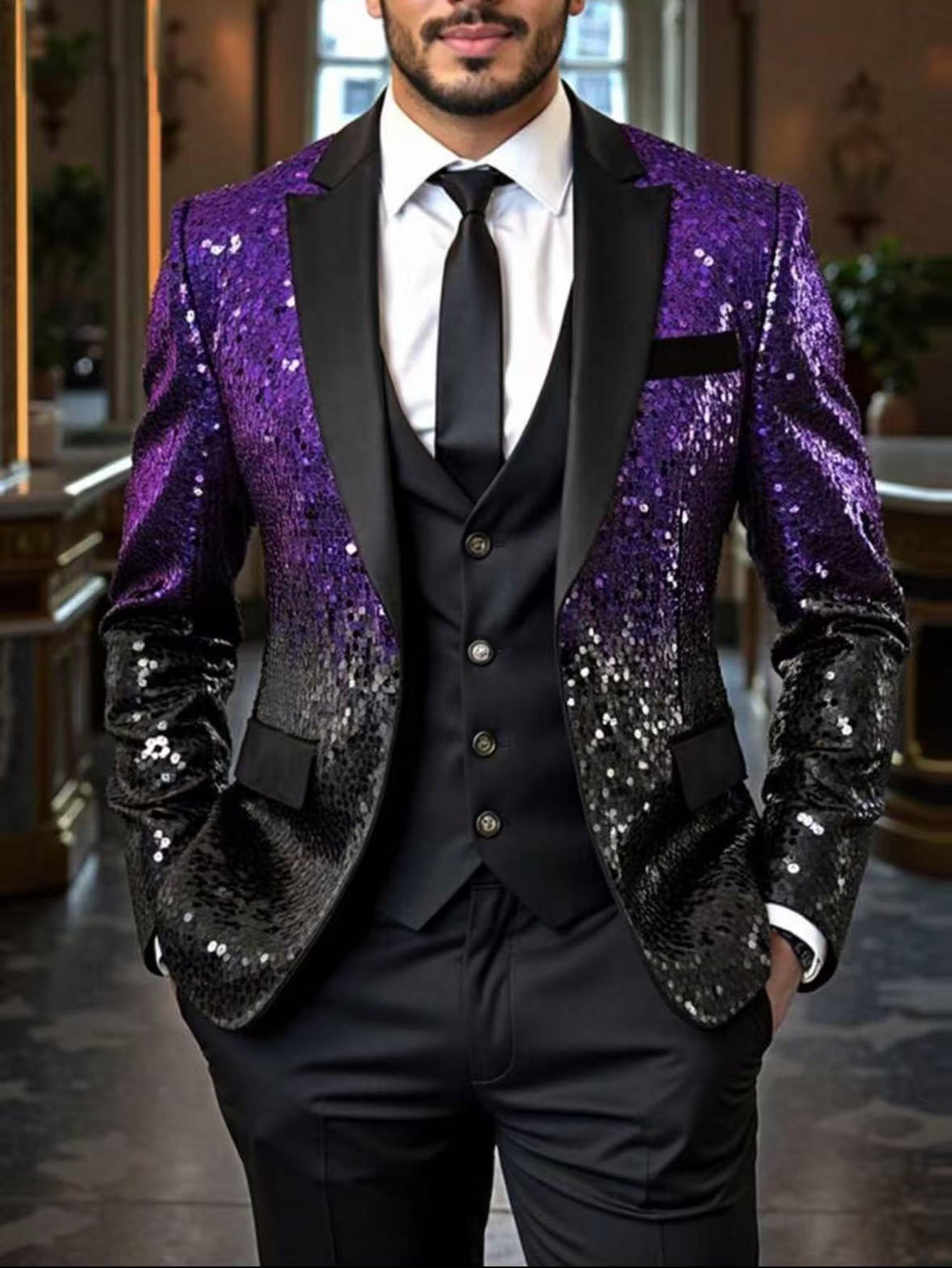 Men's Casual Loose-Fit Ombre Sequin Blazer