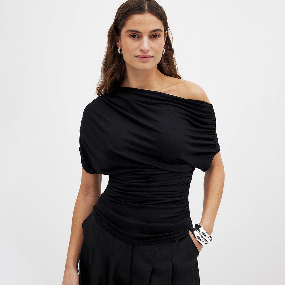 Women's Asymmetric Pleated Solid-Colored Rayon Short-Sleeve Top