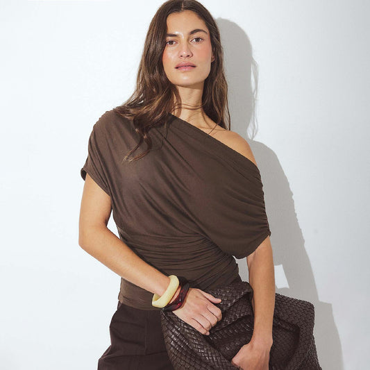 Women's Asymmetric Pleated Solid-Colored Rayon Short-Sleeve Top