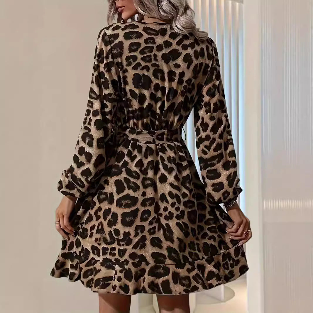 European And American Leopard Print V-neck High Waist Lace-up Irregular Ladies Dress