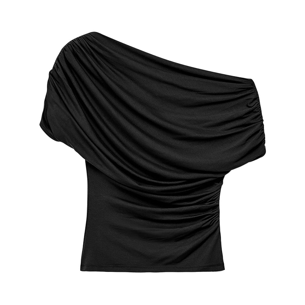 Women's Asymmetric Pleated Solid-Colored Rayon Short-Sleeve Top