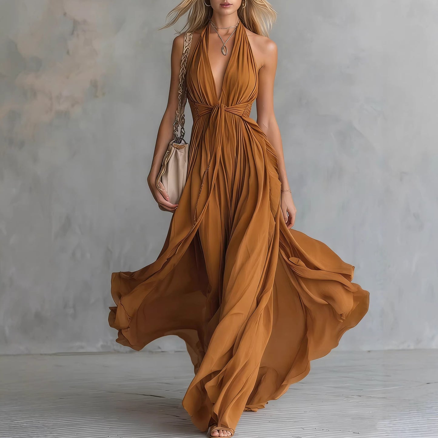 Solid-color V-neck Sleeveless Waist-cinching Dress