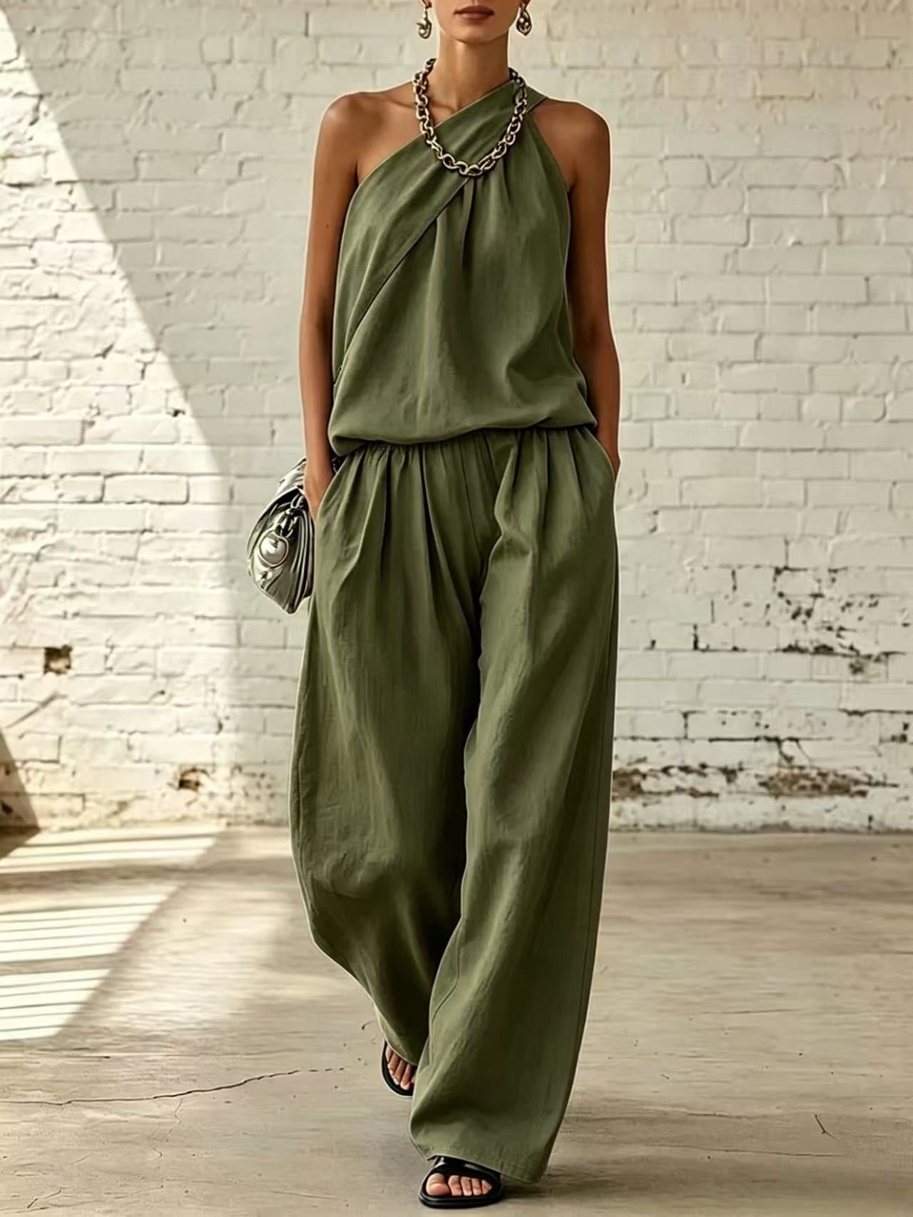 Women's Cotton Linen 2-Piece Set - Sleeveless Double-Layer Top & Wide-Leg Pants