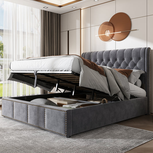 King Size Upholstered Storage Bed with Hydraulic Lever - Velvet, No Mattress, Grey