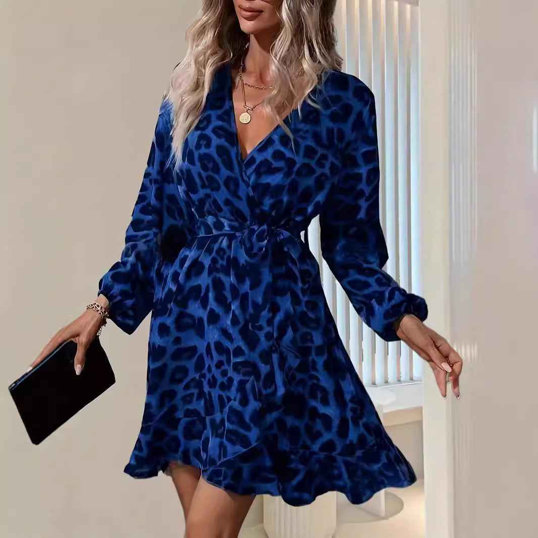 European And American Leopard Print V-neck High Waist Lace-up Irregular Ladies Dress