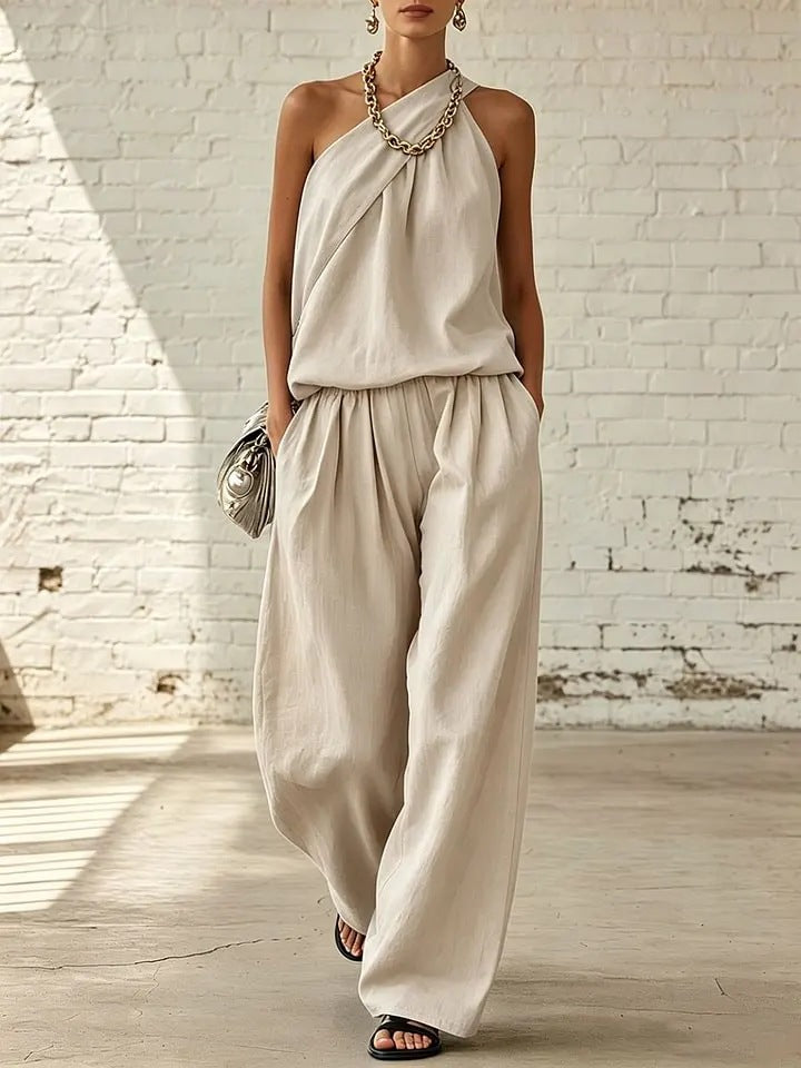 Women's Cotton Linen 2-Piece Set - Sleeveless Double-Layer Top & Wide-Leg Pants