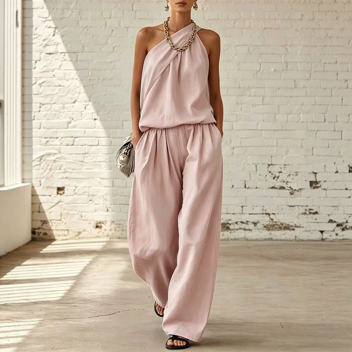 Women's Cotton Linen 2-Piece Set - Sleeveless Double-Layer Top & Wide-Leg Pants