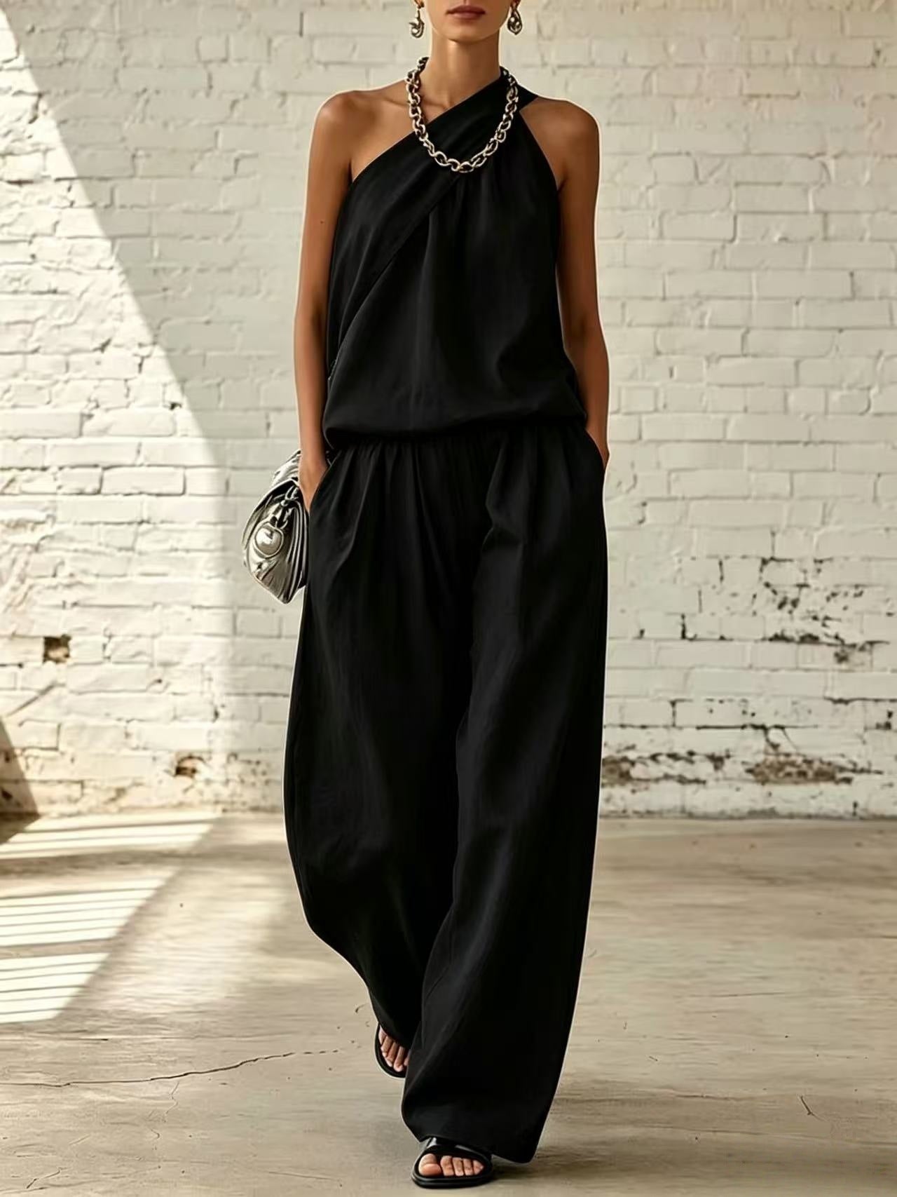 Women's Cotton Linen 2-Piece Set - Sleeveless Double-Layer Top & Wide-Leg Pants