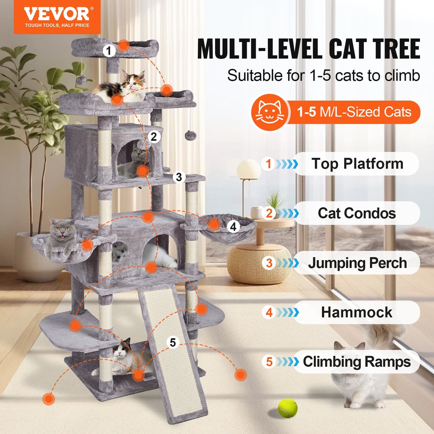 Cat Tree For Indoor Cats, 68.5" Cat Tower With 2 Cat Condos, Sisal Scratching Post, Hammocks, Top Perches, Jumping Platforms And Ramp, Cat Furniture Activity Center With Hang Balls, Light Grey
