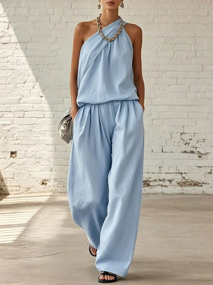 Women's Cotton Linen 2-Piece Set - Sleeveless Double-Layer Top & Wide-Leg Pants