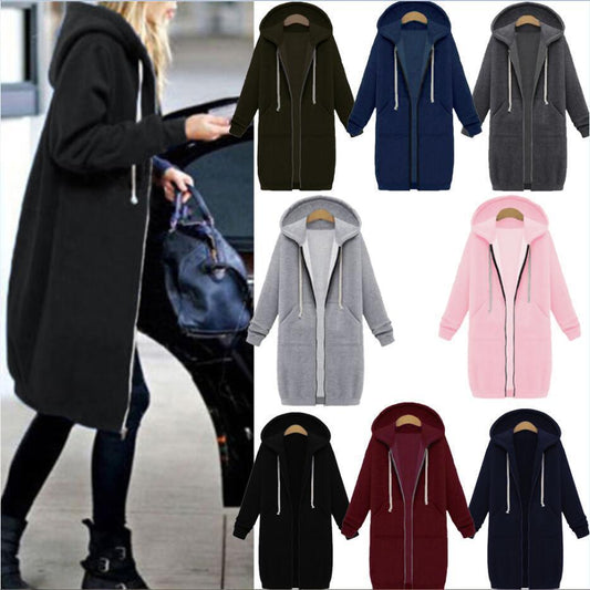 Women's Hooded Long Sleeve Fleece Jacket - Warm Zip-Up Sweater Coat