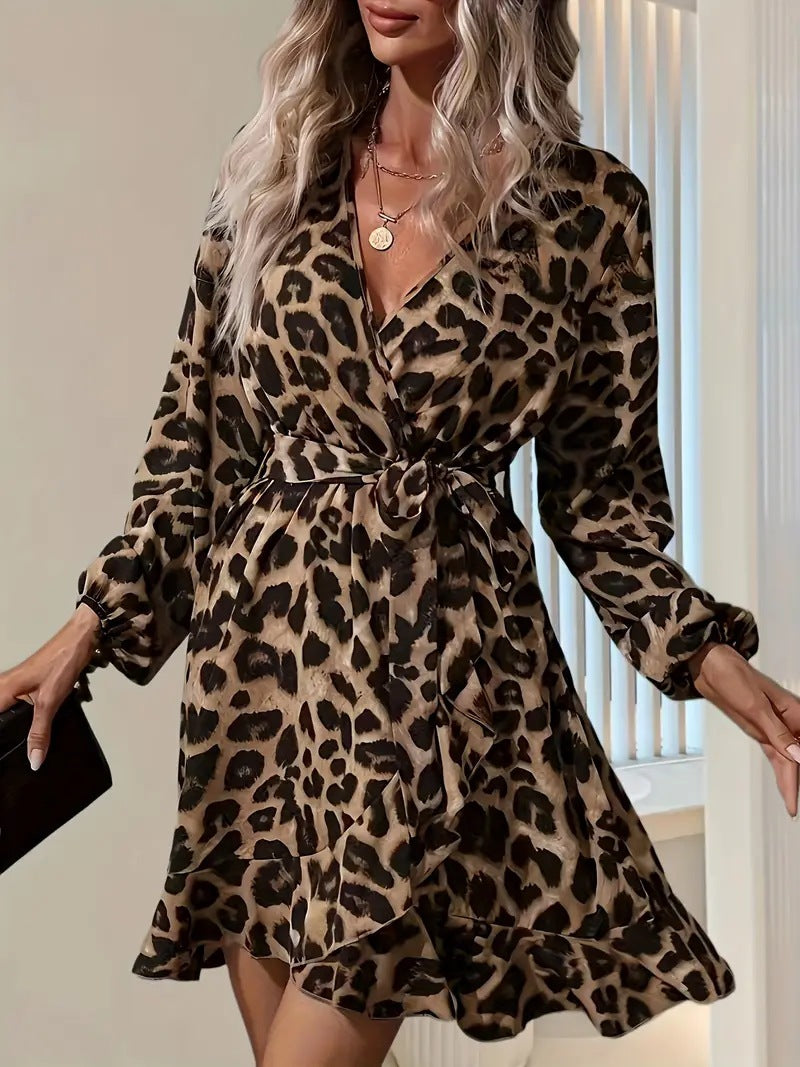 European And American Leopard Print V-neck High Waist Lace-up Irregular Ladies Dress