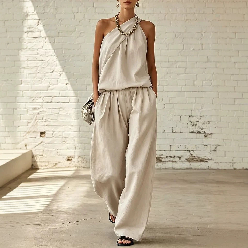Women's Cotton Linen 2-Piece Set - Sleeveless Double-Layer Top & Wide-Leg Pants
