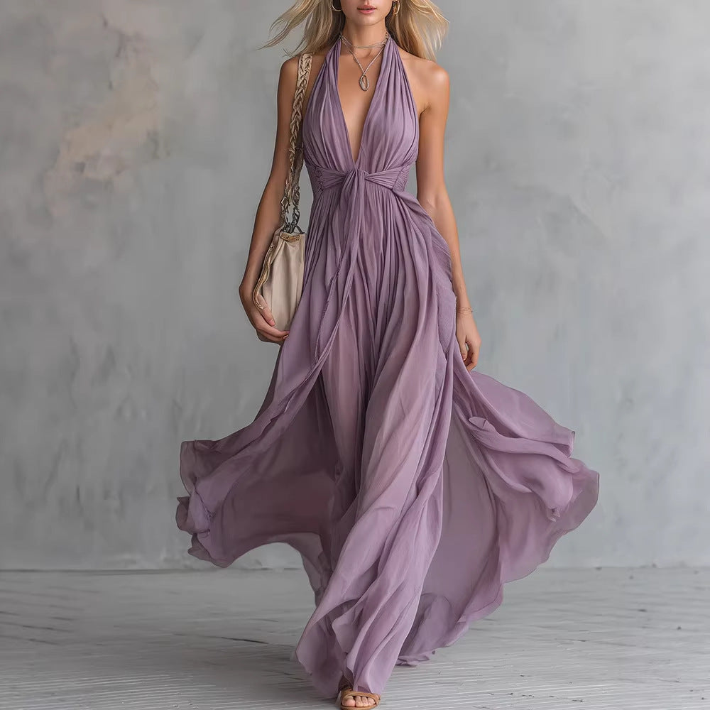 Solid-color V-neck Sleeveless Waist-cinching Dress