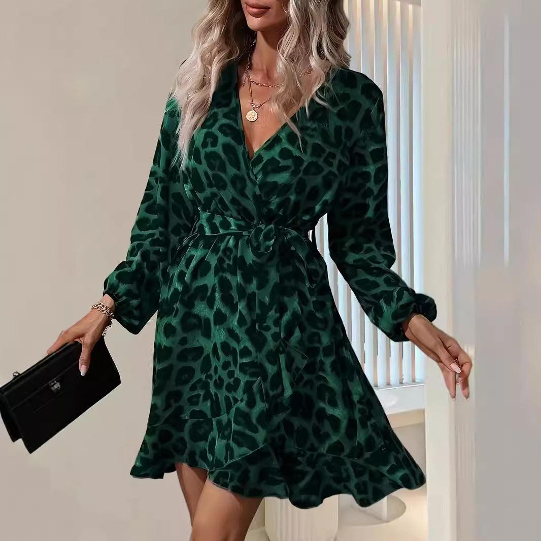 European And American Leopard Print V-neck High Waist Lace-up Irregular Ladies Dress