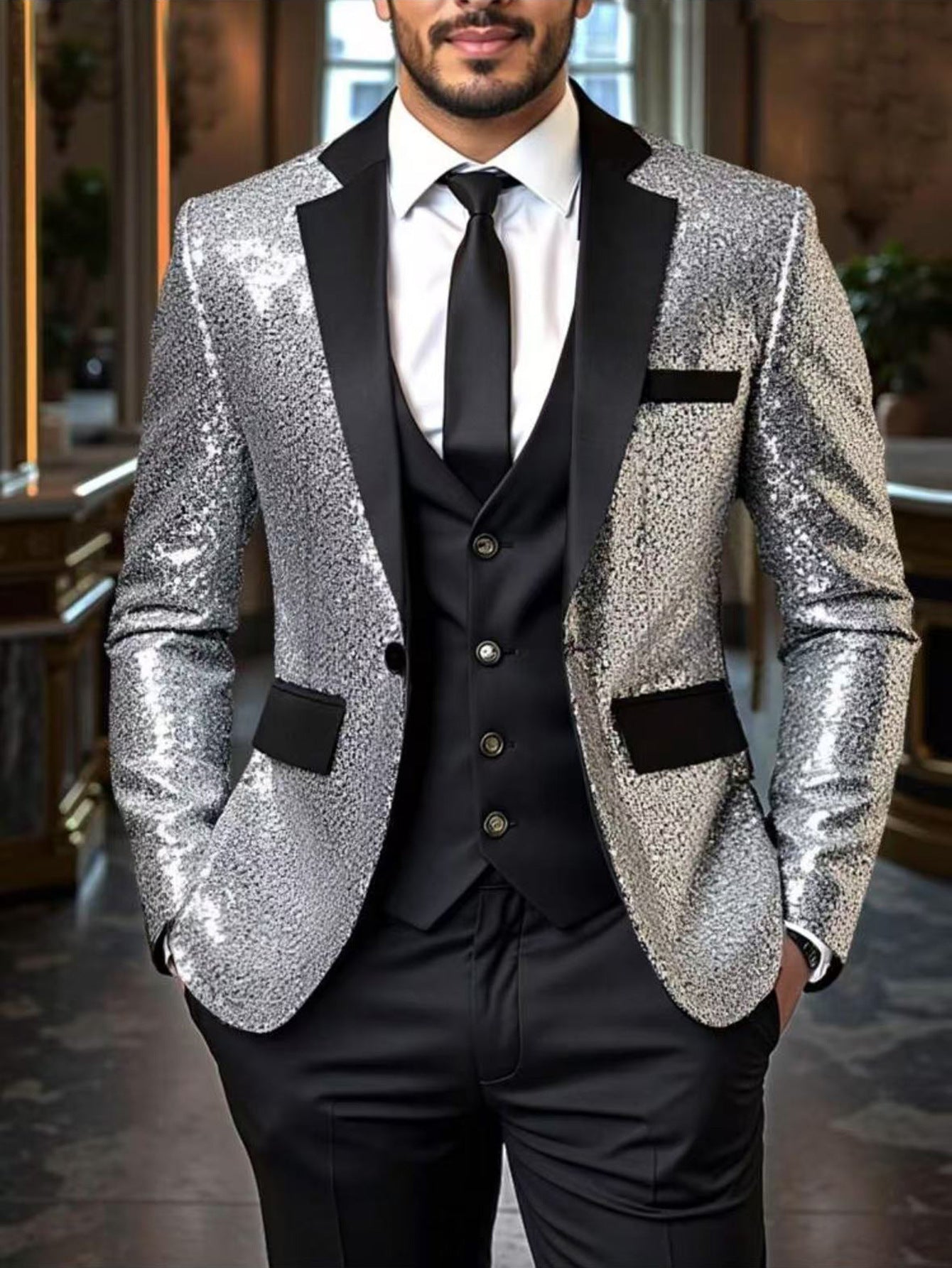 Men's Casual Loose-Fit Ombre Sequin Blazer