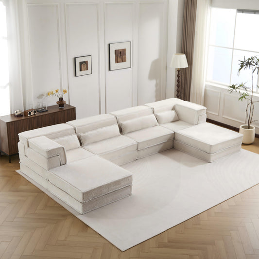 Modular Sectional Sofa Bed - Oversized 4 Seater with 2 Ottoman, Circle Fleece, No Assembly, White