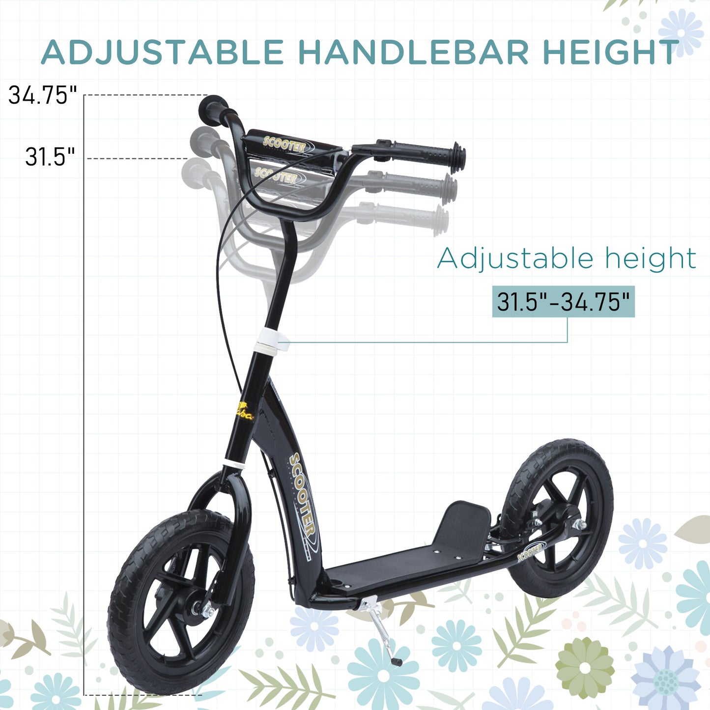 Kick Scooter for Kids 5-12 Years Old with Adjustable Height Handlebar, Non-slip Footplate, Big Wheels, Rear Brake, Black