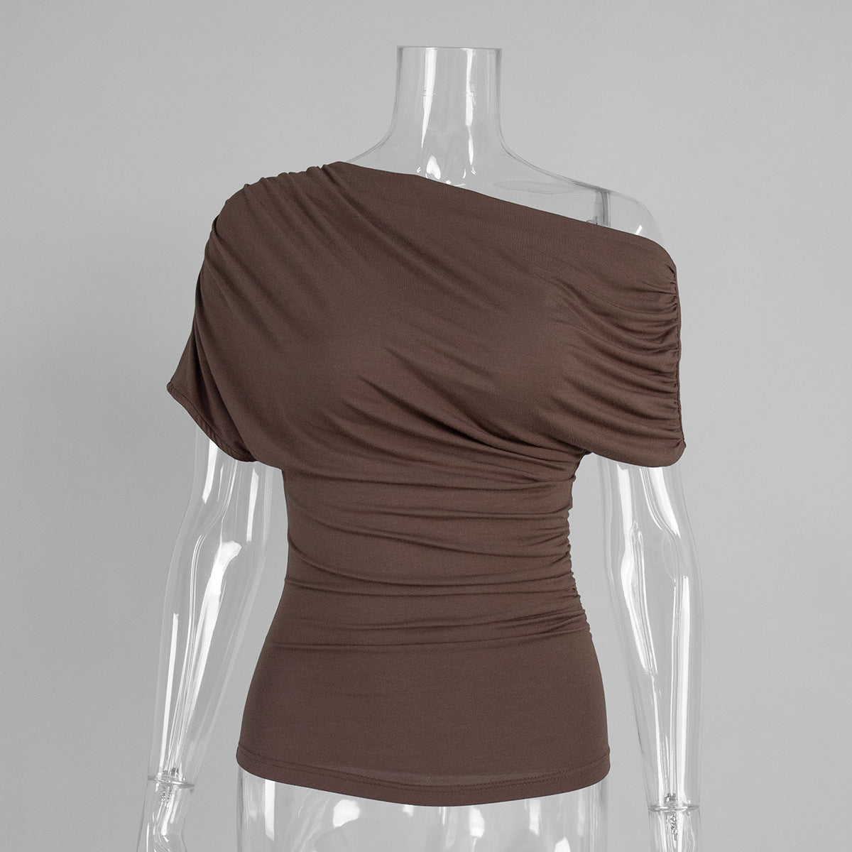 Women's Asymmetric Pleated Solid-Colored Rayon Short-Sleeve Top