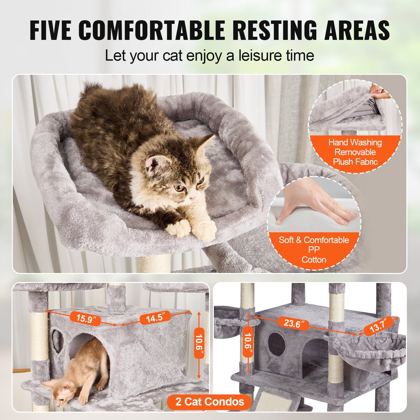 Cat Tree For Indoor Cats, 68.5" Cat Tower With 2 Cat Condos, Sisal Scratching Post, Hammocks, Top Perches, Jumping Platforms And Ramp, Cat Furniture Activity Center With Hang Balls, Light Grey
