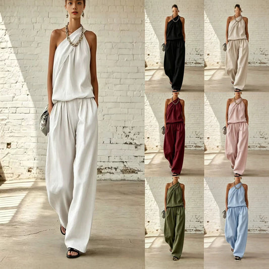 Women's Cotton Linen 2-Piece Set - Sleeveless Double-Layer Top & Wide-Leg Pants