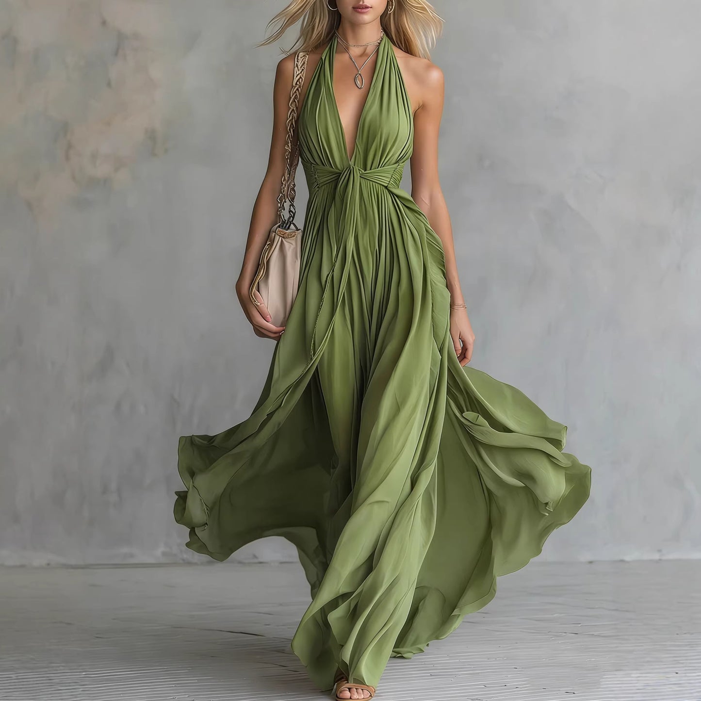 Solid-color V-neck Sleeveless Waist-cinching Dress