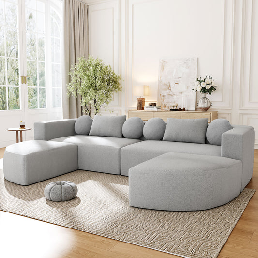 Modular Sectional Sofa - 6 Seater Boucle Curved Sofa Bed with Deep Seating, Grey