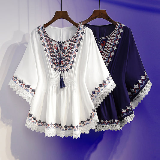 Women's Summer Loose Waist-controlled Top Vintage Printed Chiffon Shirt