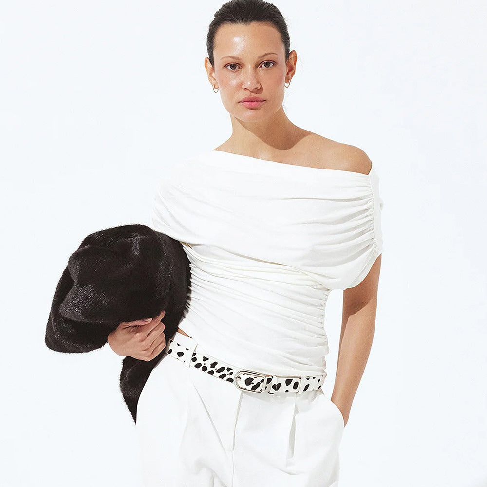 Women's Asymmetric Pleated Solid-Colored Rayon Short-Sleeve Top