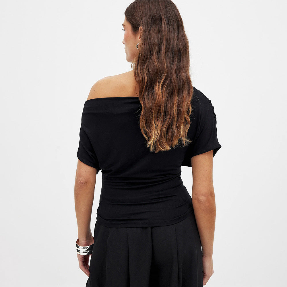 Women's Asymmetric Pleated Solid-Colored Rayon Short-Sleeve Top
