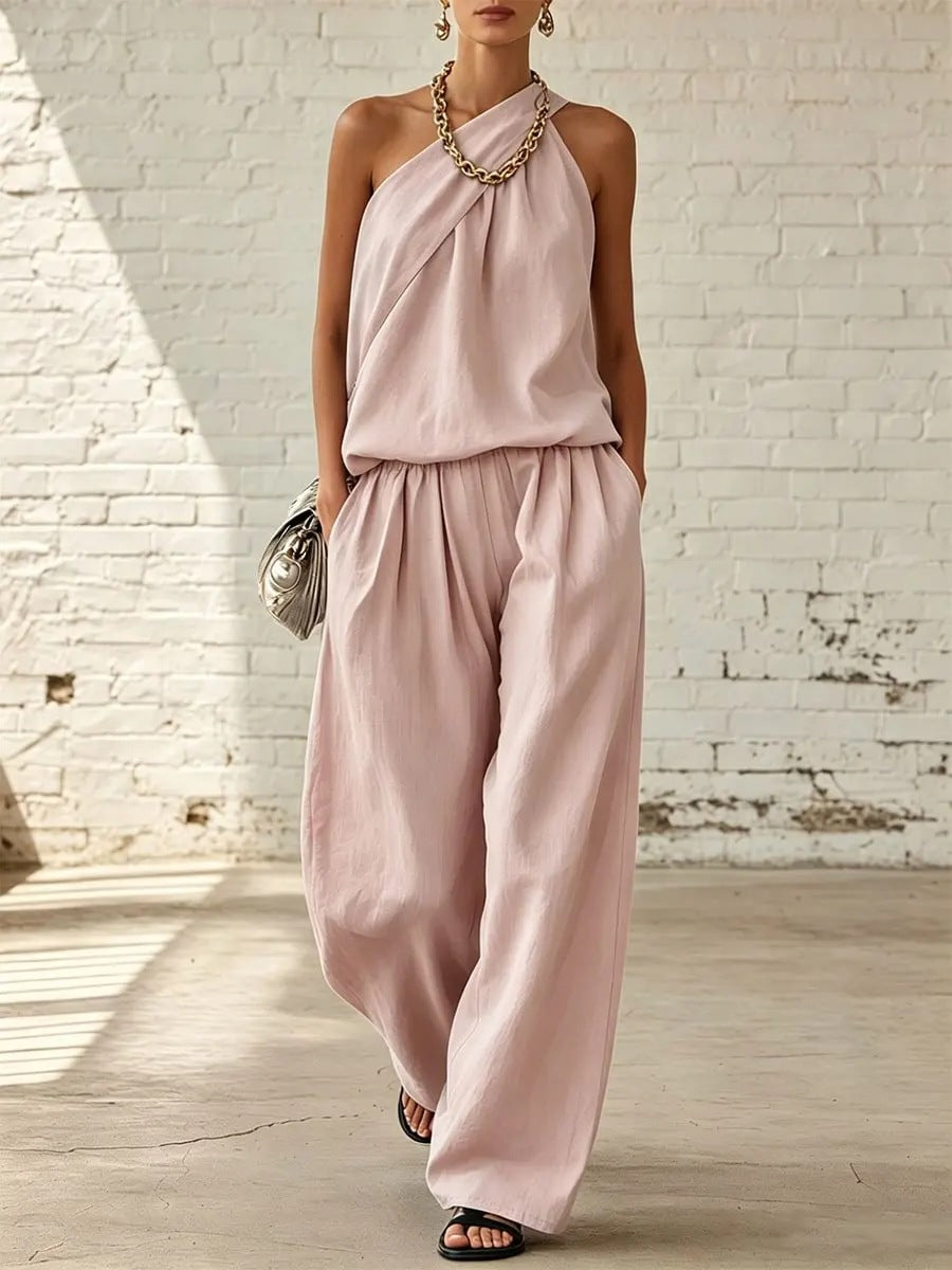 Women's Cotton Linen 2-Piece Set - Sleeveless Double-Layer Top & Wide-Leg Pants