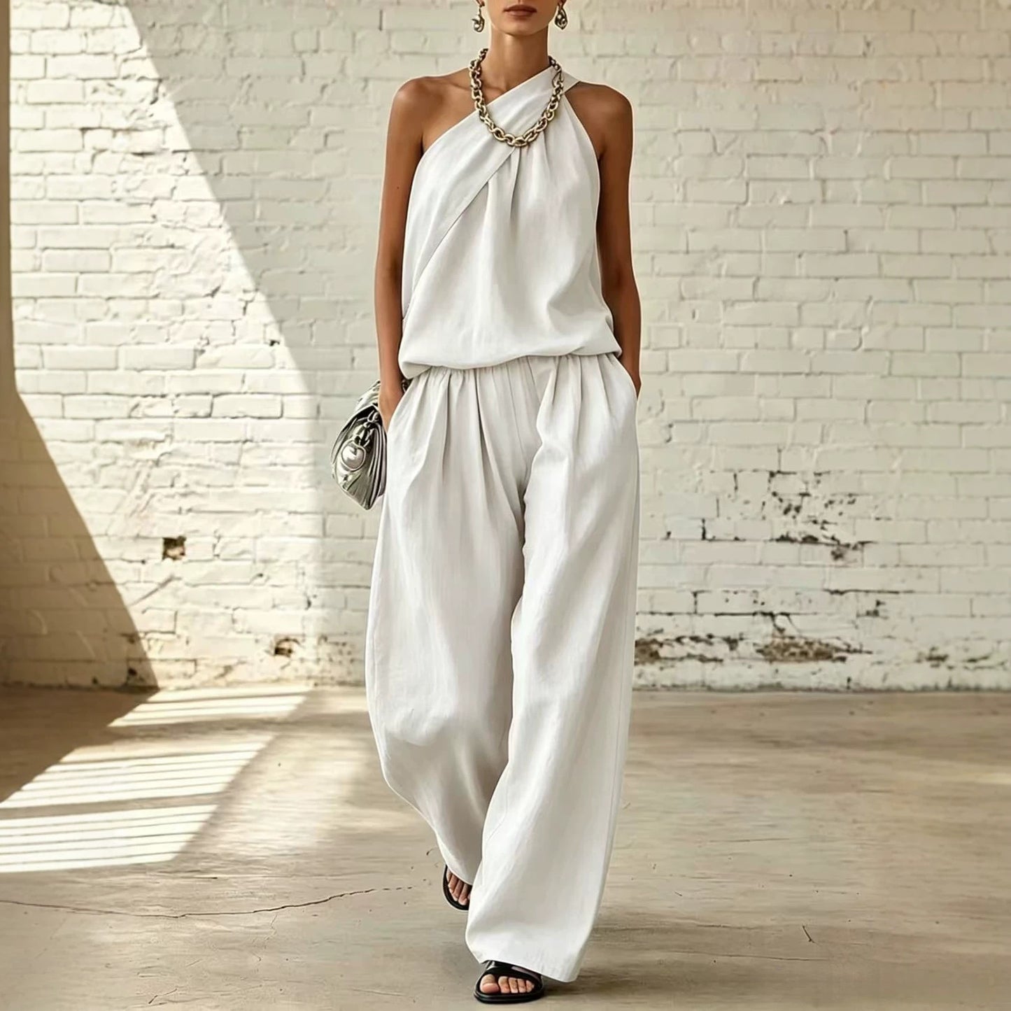 Women's Cotton Linen 2-Piece Set - Sleeveless Double-Layer Top & Wide-Leg Pants